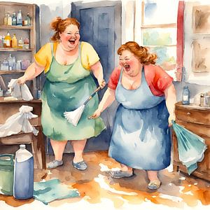 2 gezellige dames aan het schoonmaken van De gezellige Dames