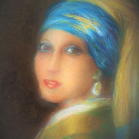 The modern Girl with the Pearl Earring. Pastel crayon hand-drawn. by Ineke de Rijk
