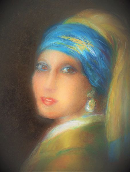 Das moderne Mädchen mit dem Perlenohrring. Mit Pastellkreide handgezeichnet. von Ineke de Rijk
