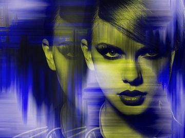 Taylor Swift Modern Abstrakt Porträt Blau Gelb von Art By Dominic