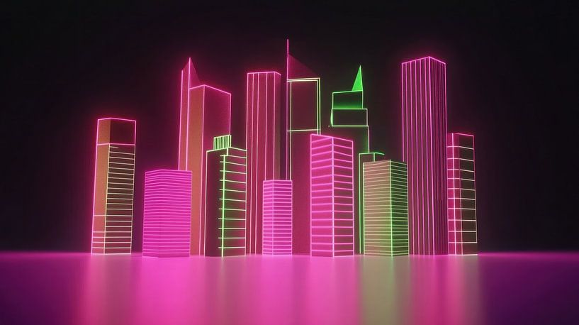 Ville numérique néon des années 80 en rose, violet et vert par Franka Poulain