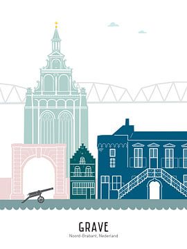 Skyline illustratie Grave in kleur van Mevrouw Emmer