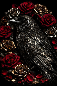 Verschnörkelte gotische Kunst im Raven-Rot- und Gold-Rosen-Stil – Dark Fantasy