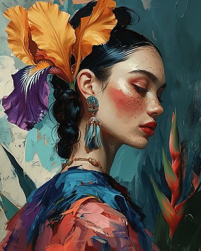 Portrait in warm colours with flowers
