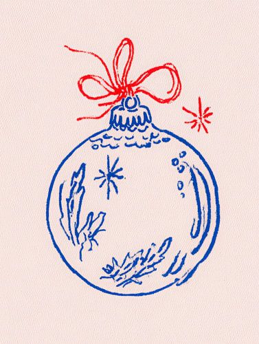 Illustration minimaliste d'une boule de Noël avec un nœud rouge dans un dessin moderne au trait bleu-rouge
