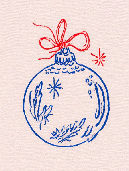 Minimalistische Illustration einer Weihnachtskugel mit roter Schleife in moderner blau-roter Strichzeichnung von But First Framing