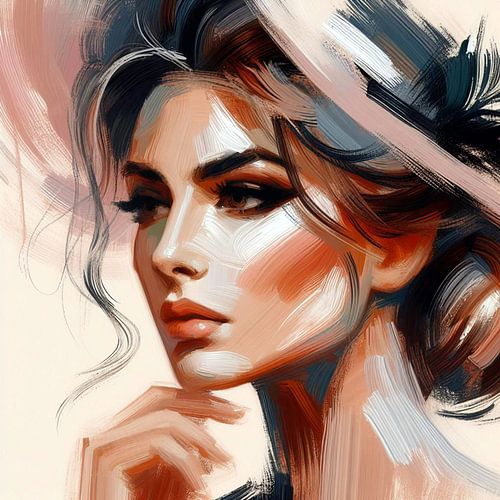 Portrait of a woman with coarse brushstrokes in shades of brown, pink and grey.