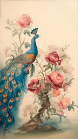Botanischer Chic. Eleganter Pfau zwischen blühenden Pfingstrosen