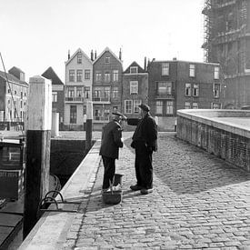 Men in harbour behind The Great Church Dordrecht by Dordrecht van Vroeger