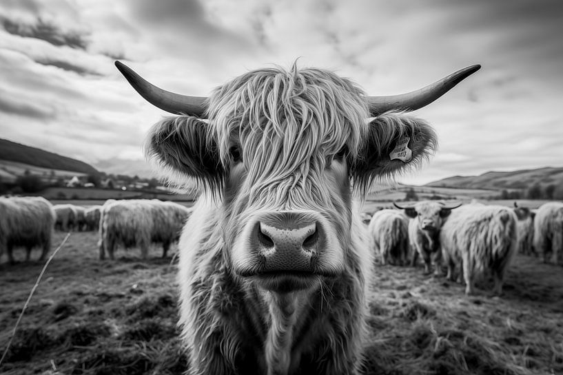 Photographie noir et blanc d'un bovin écossais des Highlands à la ferme par Animaflora PicsStock