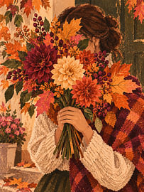 Autumn Bouquet – Woman with Dahlias and Maple Leaves by Albert Klee