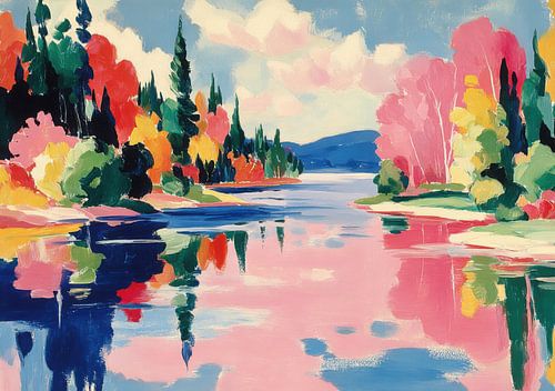 Kleurrijk meer met weerspiegelingen in roze en blauw