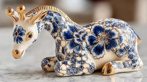 giraffe in delfts blauw en goud op een wit marmeren achtergrond