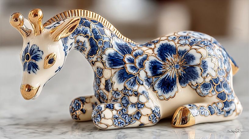 Giraffe in Delfter Blau und Gold auf weißem Marmorgrund von Gelissen Artworks