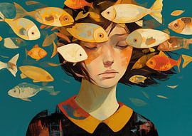 Girl and Fish in Colour by ARTEO Paintings