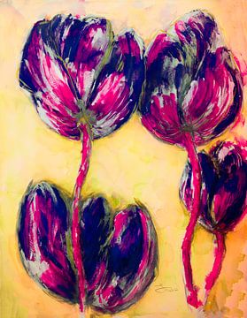 Paars  roze tulpen. Handgeschilderd van Ineke de Rijk