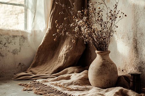 Vaas met droogbloemen in sepia