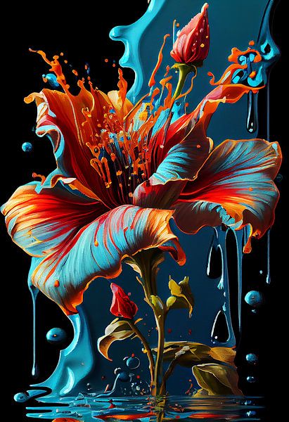 Flower caught in water with acrylic paint and floetrol by Harry Stok