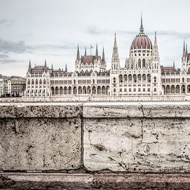 andere kijk op het parlementsgebouw van Hongarije op steunmuur en zonder rivier van Eric van Nieuwland