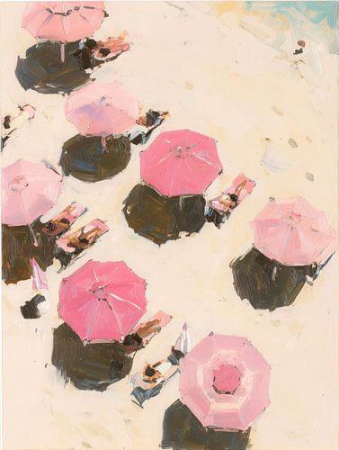 Sieste estivale sous des parasols roses - La vie à la plage vue du ciel