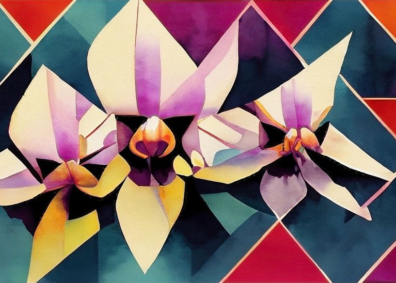 Kubistisch orchideeëntrio - Art Deco 1920 van Wolfsee