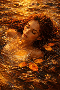 Olieverfschilderij: Vrouw in de gouden herfst bij het water met bladeren