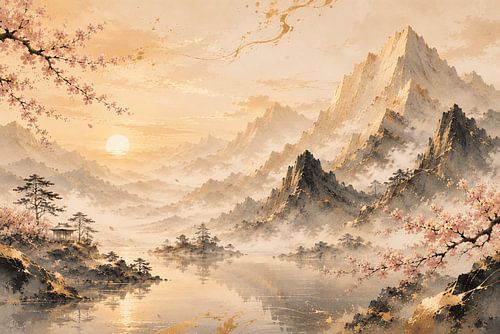 La sérénité de la montagne aux cerisiers dorés