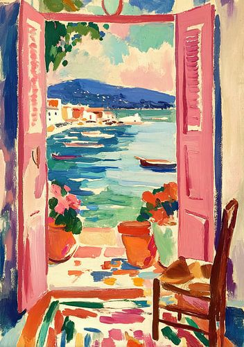 Vue sur la Méditerranée à travers la porte rose
