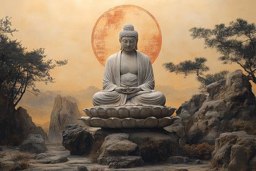 Boedha op berg met rijzende zon Japan