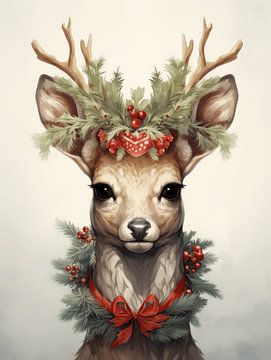 Deer in Shades of Green and Orange | Christmas by Eva Lee