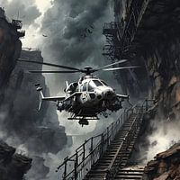 Helikopter vliegt door een smalle kloof