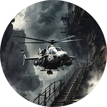 Helikopter vliegt door een smalle kloof