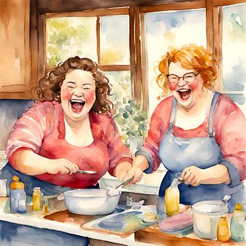 2 sociable ladies have great fun while washing dishes by De gezellige Dames