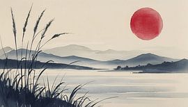 Serene Japanese Ink Wash Painting: A Morning Over Misty Waters by Artistic