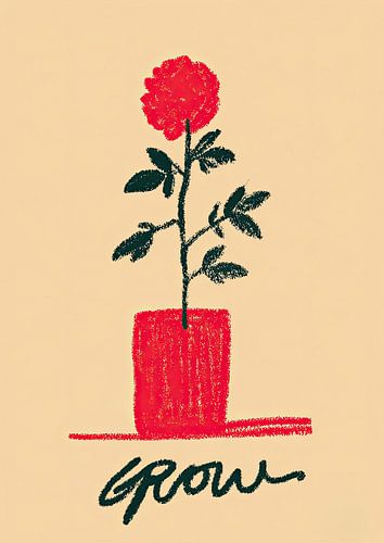 Red flower in a pot with Grow lettering