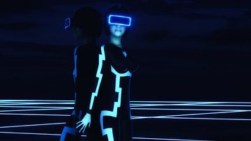 a young woman using a virtual reality headset in cyberspace (3d  von Rainer Zapka