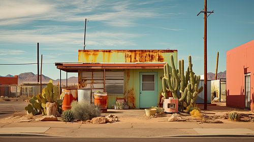 Old dilapidated vintage cottage in Arizona desert USA by Vlindertuin-Art