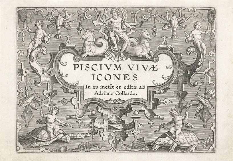 Titelprent met zeewezens als ornamenten van Adriaen Collaert, after 1598 - 1618 van Gave Meesters