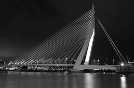 Erasmusbrug in Zwart-Wit – Rotterdam bij Nacht van Elisabeth Rozenberg