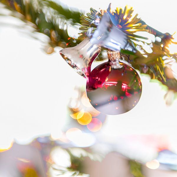 Christmas bells and red ball on a pine branch by Wim Stolwerk