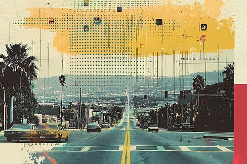 Stijlvolle retro poster met grafische elementen en stippen.