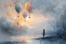 Heißluftballons bei Sonnenaufgang - Dreamy Painting von Peter Pen Zeichnungen und Gemälde