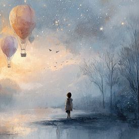 Luchtballonnen bij Zonsopkomst - Dromerig Schilderij van Peter Pen tekeningen en schilderijen