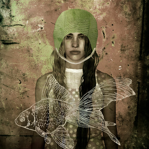 Badmuts Girl met vis in Mixed Media stijl