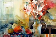 Aquarel Stilleven, fruit en bloemen van Ariadna de Raadt-Goldberg thumbnail