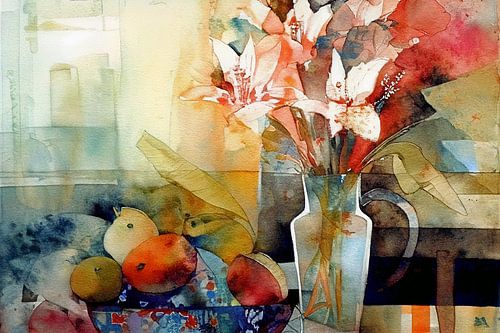 Aquarel Stilleven, fruit en bloemen