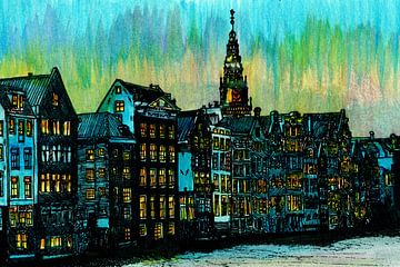 Aquarel Schilderij Damrak Amsterdam Blauwe Uur van Hendrik-Jan Kornelis
