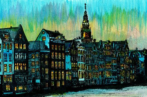 Aquarel Schilderij Damrak Amsterdam Blauwe Uur