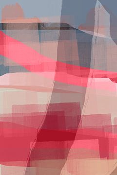 Roze lijnen. Abstract landschap in lichtpaars, terra, blauw en roze I van Dina Dankers