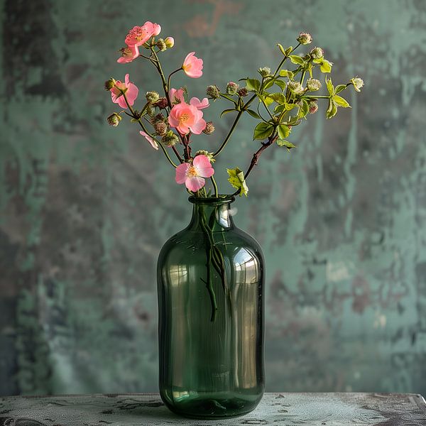 Roze bloesem in groene fles van StudioMaria.nl